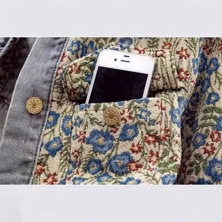 Xaspee Womens Peter Pan Collar Cropped Jean Jacket Embroidered Jacquard Long Sleeve Casual Floral Denim Jackets Coat - Image 4