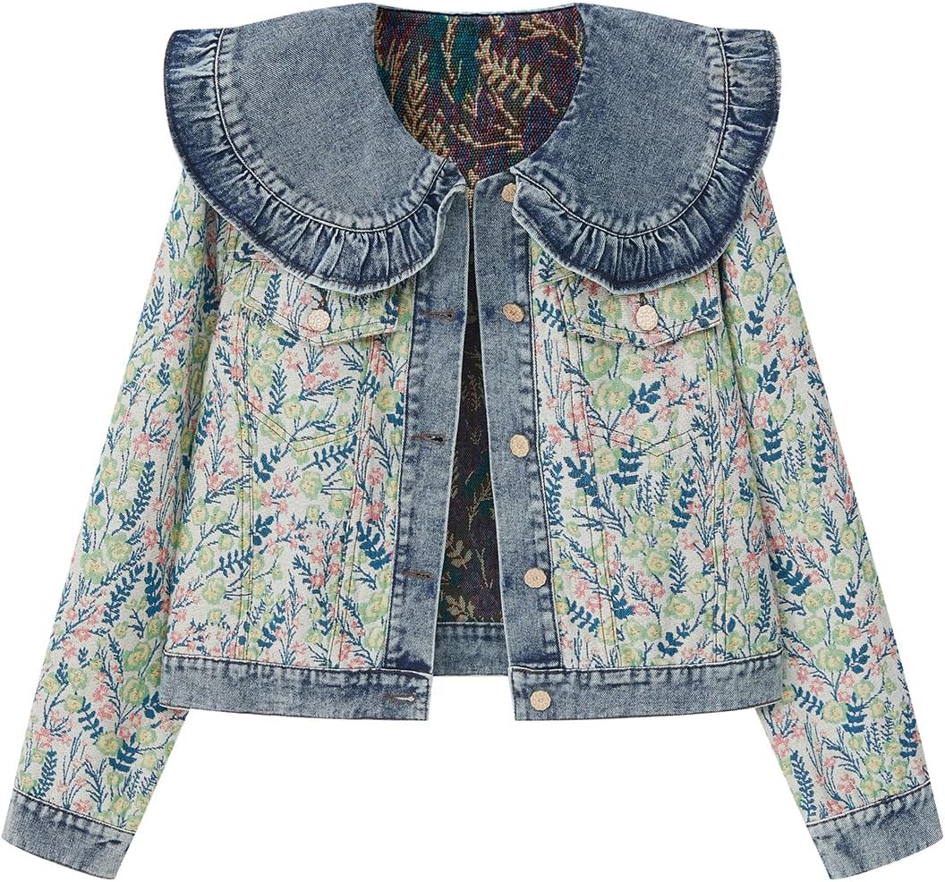 Xaspee Womens Peter Pan Collar Cropped Jean Jacket Embroidered Jacquard Long Sleeve Casual Floral Denim Jackets Coat - Image 6
