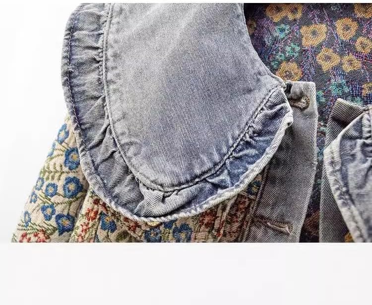 Xaspee Womens Peter Pan Collar Cropped Jean Jacket Embroidered Jacquard Long Sleeve Casual Floral Denim Jackets Coat - Image 3