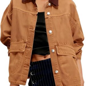 Yeokou Women Oversize Denim Jacket Casual Button Down Jean Coat Long Sleeve Shacket Outfit with Pockets