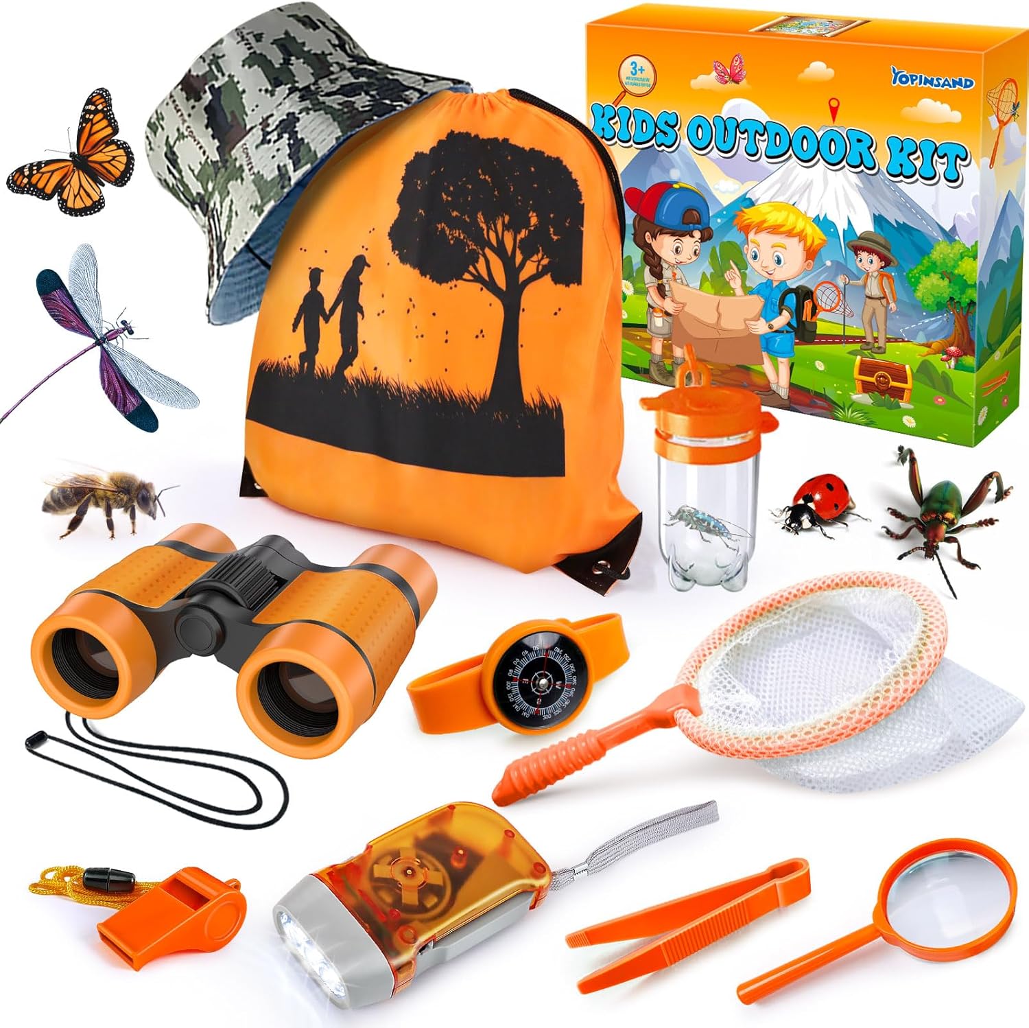 YOPINSAND Kids Explorer Kit & Bug Catcher Kit, Camping Gear for Kids, Outdoor Exploration Set with Backpack & Hat, Binoculars, Ideal Outdoor Camping Adventure Toys for Boys Girls 3-12