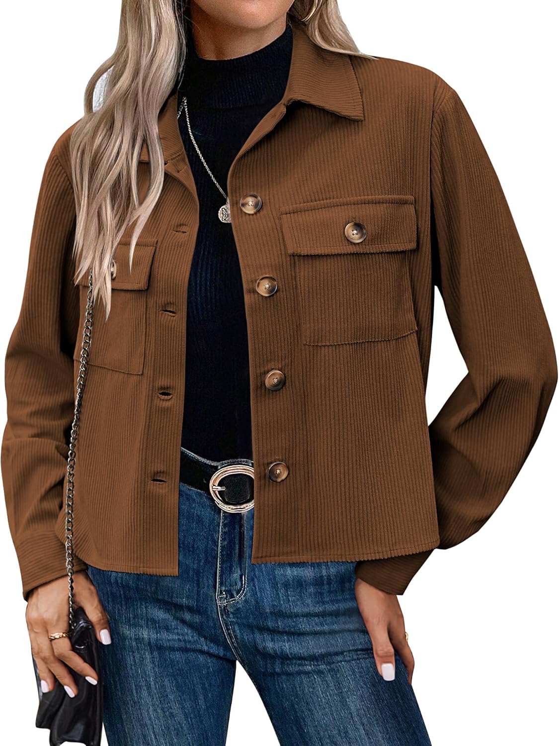 Zeagoo Womens Fashion Cropped Corduroy Shackets Button Down Jackets Tops Fall Trendy Long Sleeve Shirts